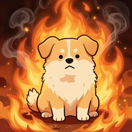 Cartoon-style digital drawing of a fluffy, orange and white puppy sitting in front of bright, orange flames with black smoke.