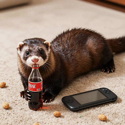 Ferret Holding Soda Bottle and Gaming Device