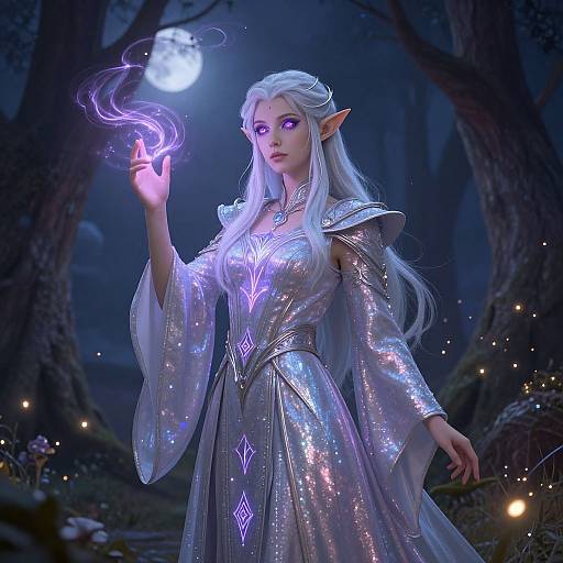 Digital fantasy artwork of a silver-haired, elven sorceress in a shimmering, silver dress, casting a glowing purple magic spell in a moon