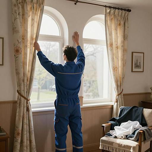 Bright Room with Blue-Clad Worker