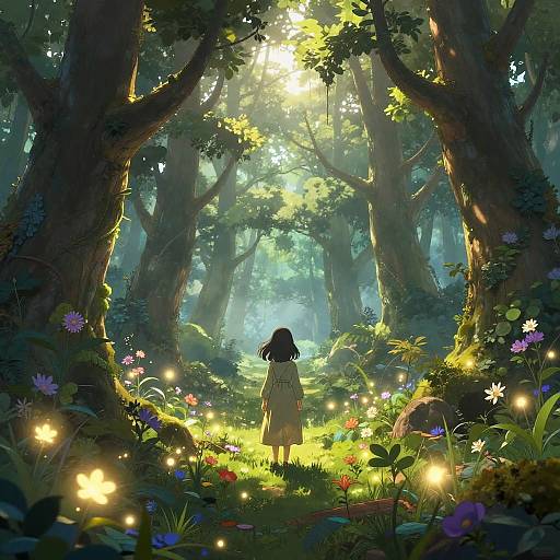 Digital artwork of a girl in a yellow dress, surrounded by glowing fireflies, standing in a sunlit, enchanted forest filled with vibrant flowers and tall