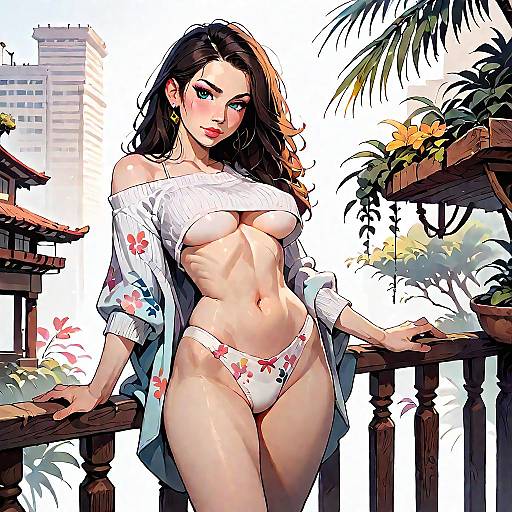 Brunette Woman in Off-Shoulder Crop Top and Floral Bikini Bottoms