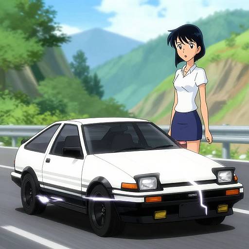 Anime-style drawing of a young woman with black hair, white blouse, and blue skirt standing beside a white Toyota Corolla on a mountain road. Bright