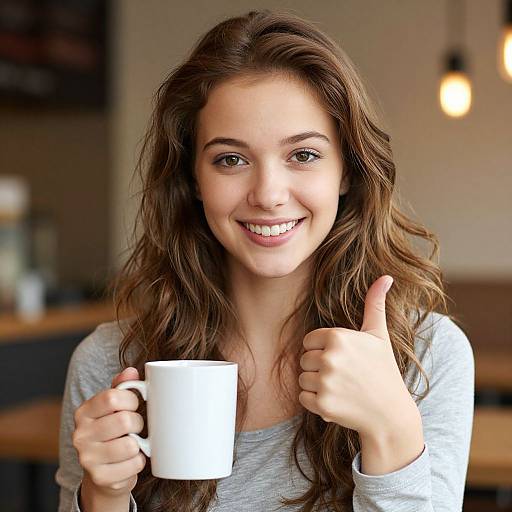 Photograph of a smiling young woman with long brown hair, wearing a gray shirt, giving a thumbs-up while holding a white mug. Background includes blurred
