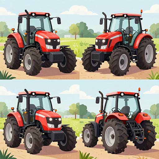 Digital illustration of two identical red tractors with large black tires, shown from front and side views, against a sunny rural background with green grass and trees