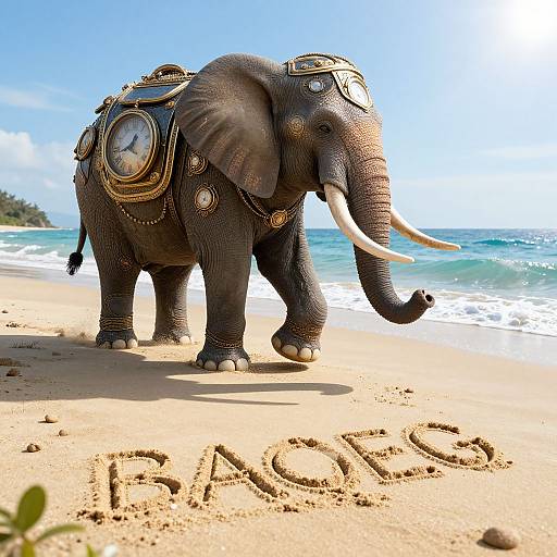 Photograph of a decorated elephant with ornate saddles and jewelry standing on a sunny beach with 