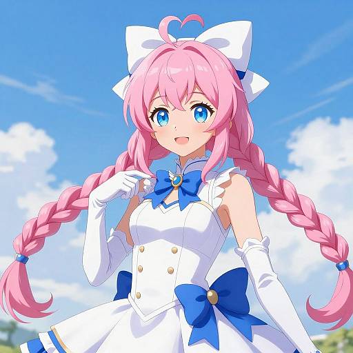 Anime-style digital drawing of a cute girl with pink braided hair, blue eyes, white dress with blue bows, and white gloves, set against a