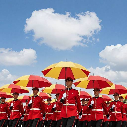 Photograph of a row of uniformed soldiers in red jackets and black hats, holding yellow and red umbrellas, under a bright blue sky with white