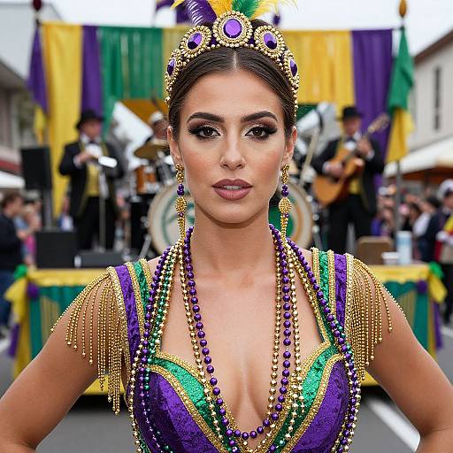 Photograph of a woman with olive skin, dark hair, and purple crown, wearing a vibrant, beaded Mardi Gras costume with gold fringe