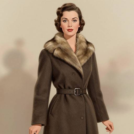 Vintage-style photograph of a fair-skinned woman with dark, wavy hair wearing a black coat with a fur-trimmed collar and belt. She