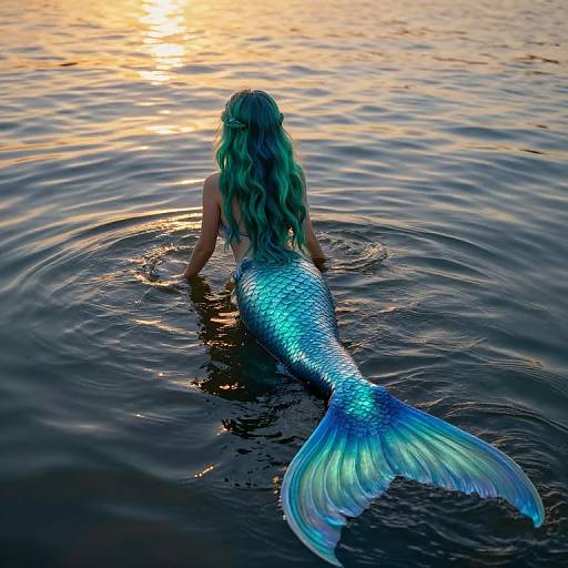 Photograph of a mermaid with long green hair, blue shimmering tail, sitting in dark water at sunset, reflecting golden light.