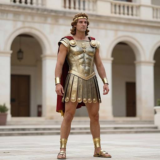 Photograph of a muscular man with curly brown hair, wearing ancient Greek warrior armor, standing in front of a classical building.