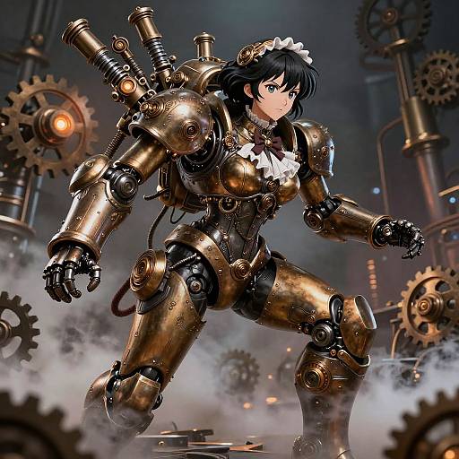 Digital art of a cybernetic maid with metallic gold armor, white frilled headpiece, and gears in a steampunk factory background.