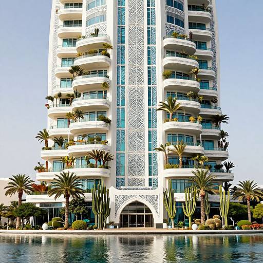 Photograph of a tall, white, modern high-rise building with intricate lattice patterns, circular balconies, palm trees, and a reflective waterfront.