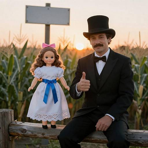 Whimsical Sunset with Man and Doll