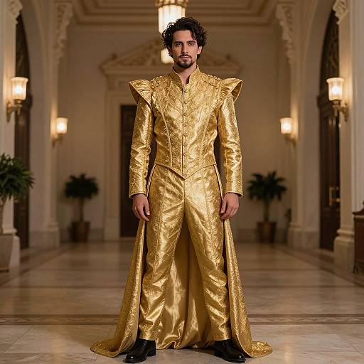 Photograph of a bearded man with curly hair wearing a golden, ornate, long-sleeved, floor-length suit with exaggerated shoulders, standing