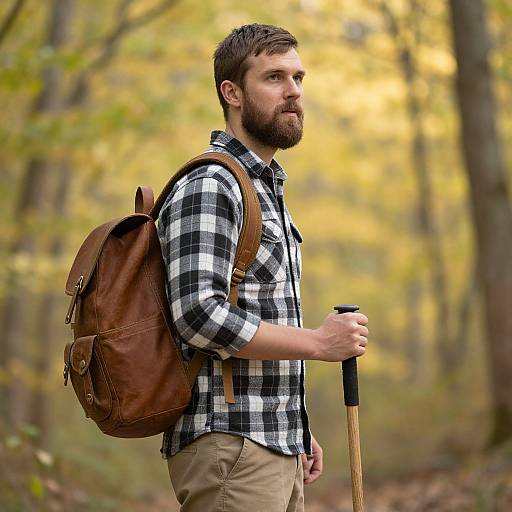 Photograph of a bearded man with short brown hair, wearing a black-and-white checkered shirt and beige pants, carrying a brown leather backpack,