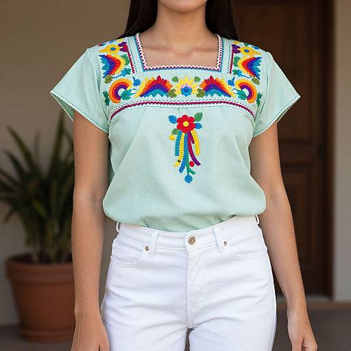 Photograph of a woman with long black hair wearing a light green blouse with colorful, embroidered floral patterns and white high-waisted pants. Background includes