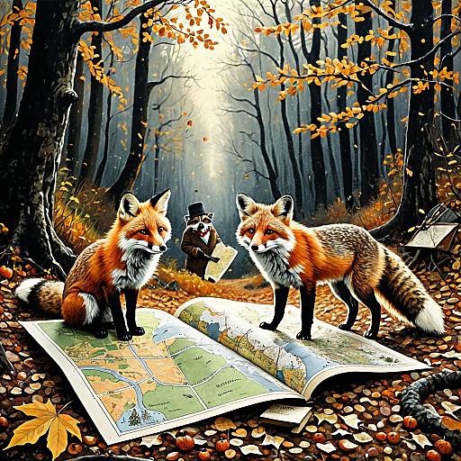 Clever Fox and Mischievous Raccoon with Map in Autumn Forest
