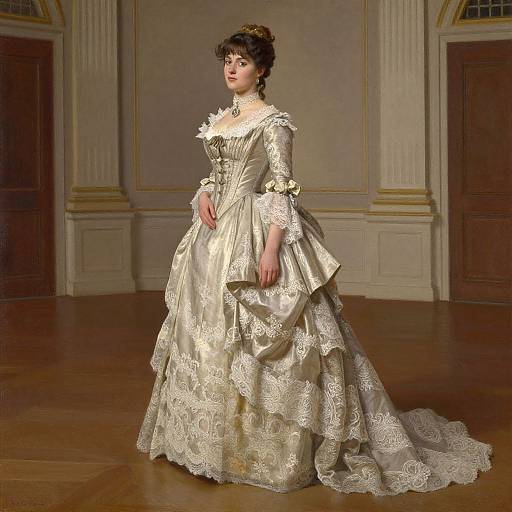 Photograph of a pale-skinned woman in a luxurious, cream-colored, Victorian-era gown with intricate lace, standing in an elegant, grand room.
