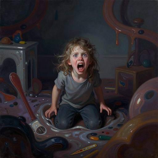 Photorealistic digital painting: Curly-haired toddler with wide, terrified eyes kneeling in a dark, surreal room filled with melting, colorful plastic toys and