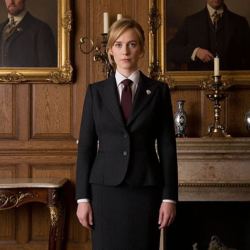 Photograph of a blonde woman in a black suit and maroon tie, standing in an ornately decorated wooden room with framed portraits and candlesticks.