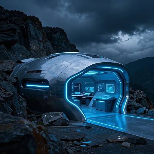 Photograph of a futuristic, silver, dome-shaped cabin with glowing blue neon accents, nestled in rocky terrain under a stormy, dark sky.