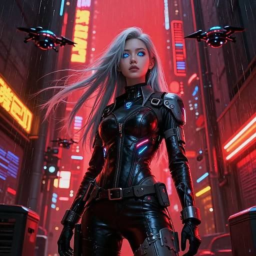 Cyberpunk cityscape: Blonde woman with glowing blue eyes, black leather suit, and futuristic armor stands defiantly under neon lights, rain falling around