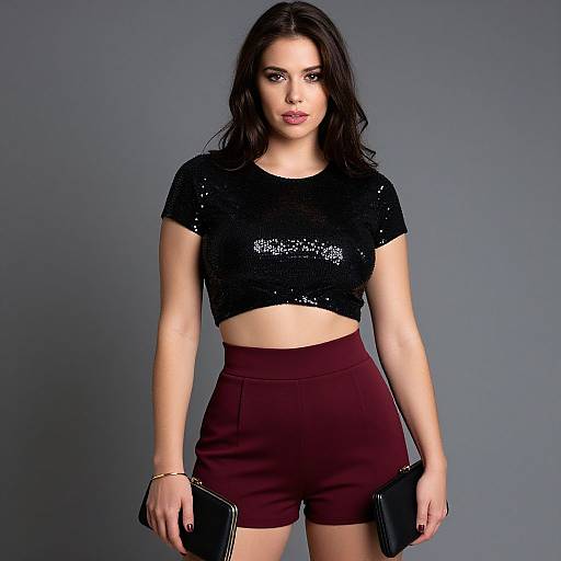 Photograph of a young woman with long dark hair, wearing a black sequin crop top, maroon high-waisted shorts, holding a black