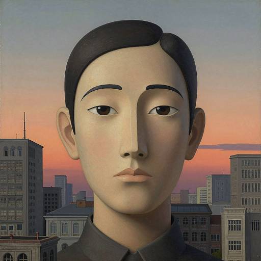 Digital artwork of an androgynous, stylized Asian face with short black hair, neutral expression, set against a sunset cityscape with skyscrap