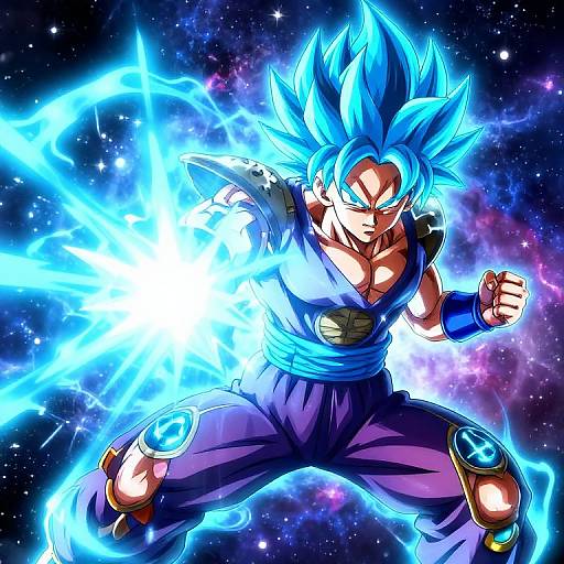Digital anime artwork of Super Saiyan Vegeta with spiky blue hair, glowing blue aura, and intense expression, against a starry background. He