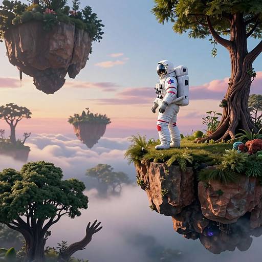 Digital artwork of a lone astronaut in a white spacesuit standing on a grassy, floating cliff, overlooking a surreal, cloud-filled landscape with floating islands