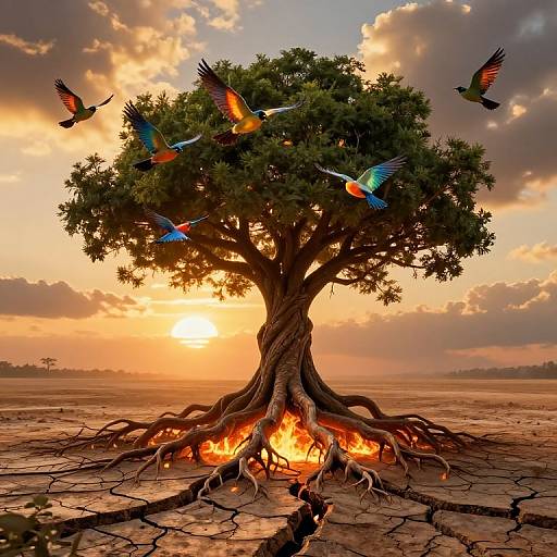 Surreal Tree with Solar-Powered Birds