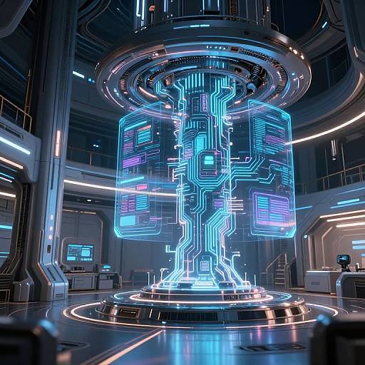 Neon-lit, futuristic cylindrical core with glowing blue circuitry patterns in a high-tech, metallic spaceship interior. Bright lights and sleek design elements surround