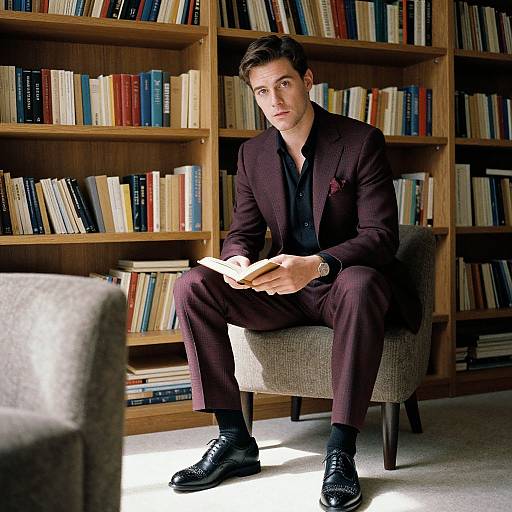 Photograph of a handsome man with short dark hair, wearing a dark suit, black shirt, and black shoes, sitting in a library, holding a