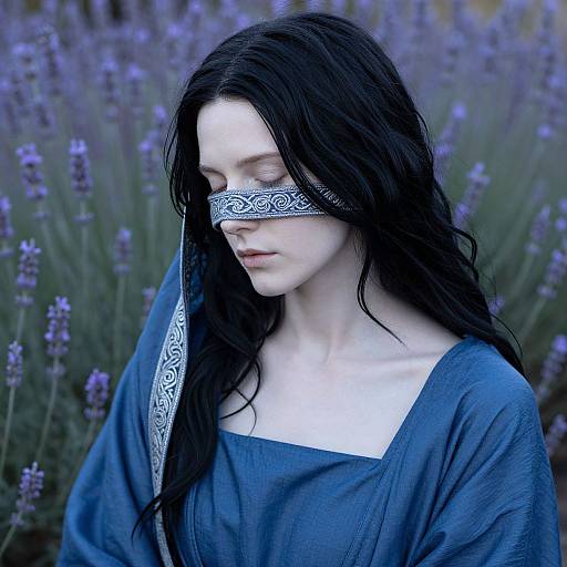 Photograph of a pale, white woman with long black hair, wearing a blue dress and silver patterned blindfold, standing in a lavender field.