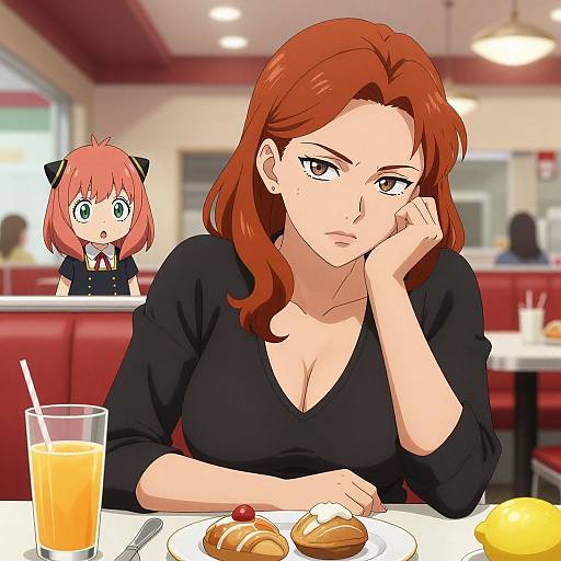 Digital anime-style drawing of a red-haired woman with large breasts, black top, and pouty expression, sitting in a diner, with a surprised