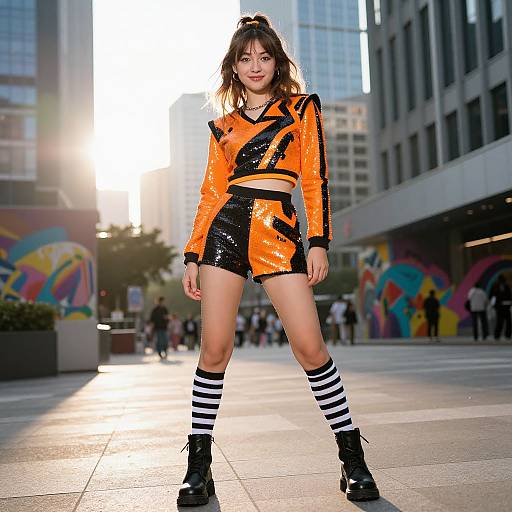 Photograph of a young Asian woman with long brown hair, wearing an orange and black shiny crop top and shorts, striped knee-high socks, and black