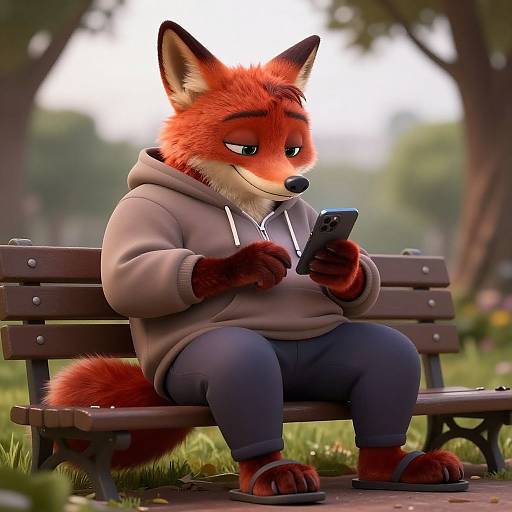 Digital art of an anthropomorphic red fox in a beige hoodie and blue jeans, sitting on a wooden bench, texting on a smartphone in a blurry,