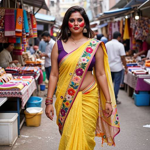 Photograph of a confident Indian woman in a yellow saree with colorful floral border, purple blouse, red face paint, at a bustling market stall.