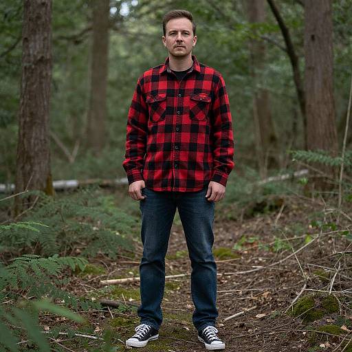 Photograph of a man with short brown hair and mustache, wearing a red and black plaid shirt, blue jeans, and black sneakers, standing
