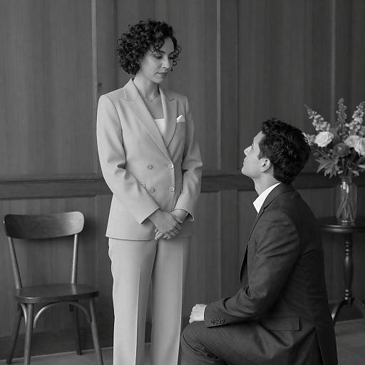 Man Kneeling Before Woman in Suit