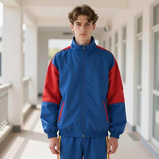 Young man in blue and red sporty jacket indoors