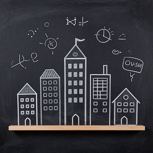 Chalk drawing of cityscape with white math equations and symbols on blackboard background; five buildings with windows and doors.