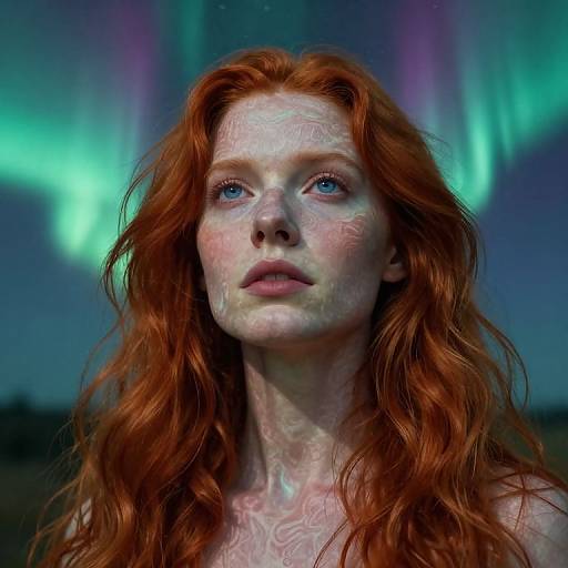 Photorealistic digital portrait of a red-haired woman with glowing, intricate tattoos, looking upward at vibrant green and purple auroras.