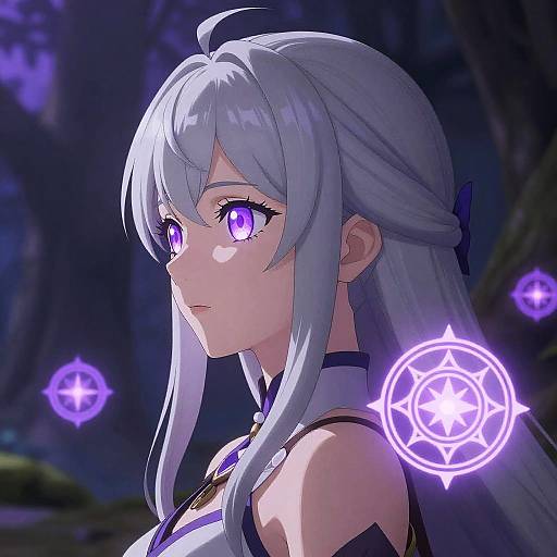 Anime Female Mage with Silver Hair and Violet Eyes