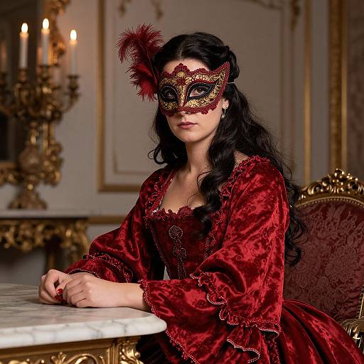 Photograph of a woman with long black hair, wearing a red velvet dress and elaborate red masquerade mask with feather, seated in a luxurious,