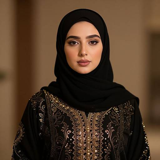Photograph of a beautiful Middle Eastern woman with fair skin, wearing a black hijab and ornate black and gold embroidered dress, standing against a blurred