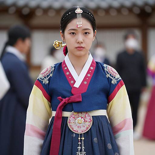 Photograph of a Korean woman in traditional hanbok with intricate embroidery, red and white accents, and a floral obi belt, standing in a