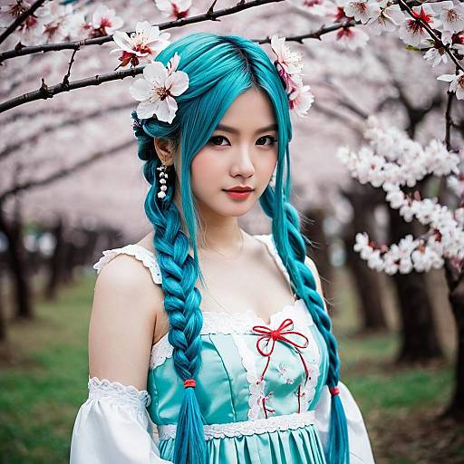 Aqua Hair Girl in Cherry Blossom Garden